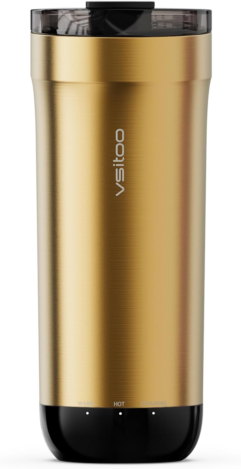 vsitoo S5 heated travel mug,16oz, Auto-Sensing AI Heats Drinks To 120-150°F Hands-Free. Temperature Control for All Cars, Perfect for Home/Office/Travel/Outdoor, Ideal Gift for Coffee Lovers - Gold - Image 1